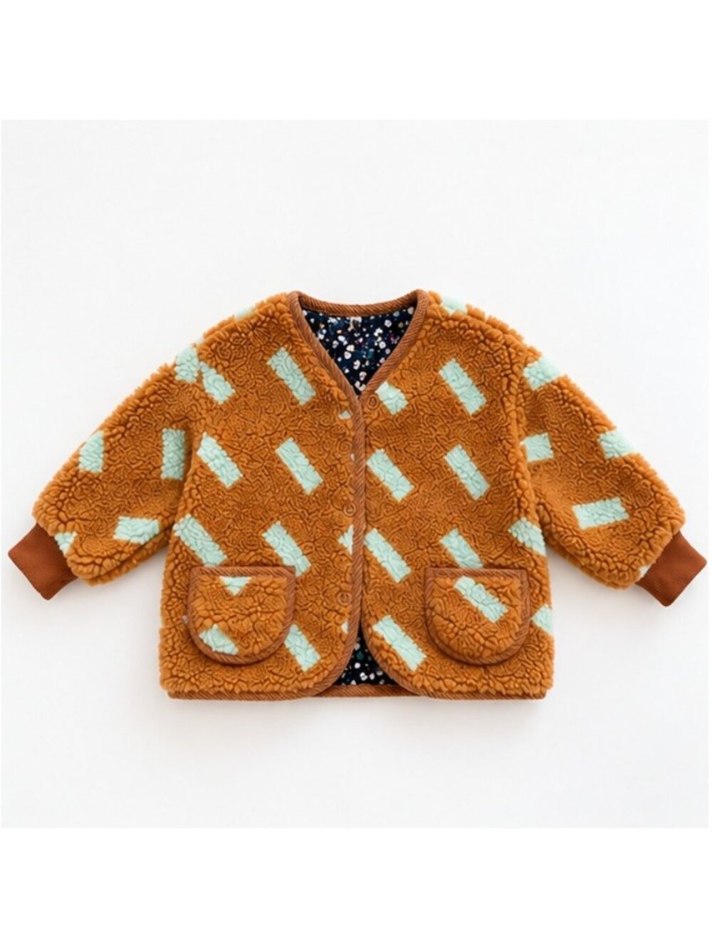 Hiyo Kids Teddy Sherpa Jacket Brown & Mint Floral Lined Size 110 (4-5)